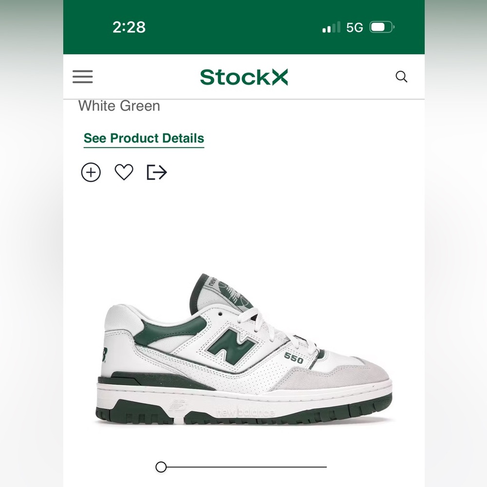 New balance 550 white green size 8